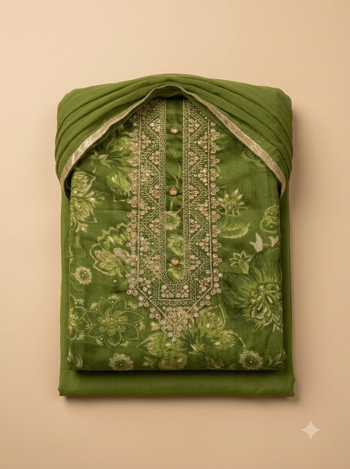Green Cotton Blend Embroidered Unstitched Dress Material