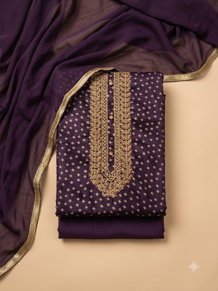 Purple Cotton Blend Embroidered Unstitched Dress Material