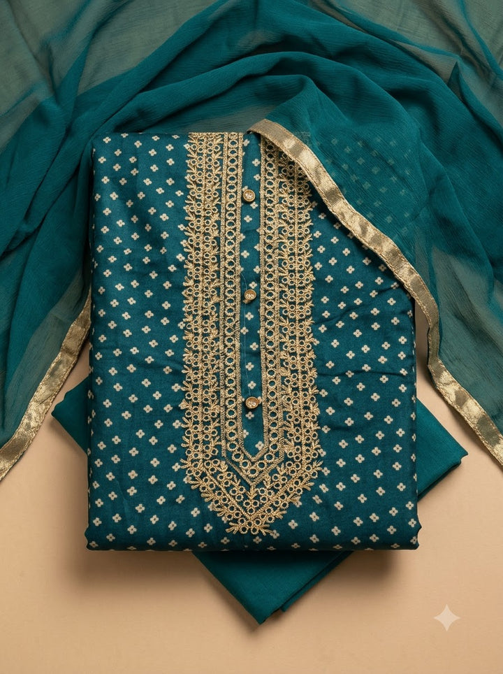 Rama Green Cotton Blend Embroidered Unstitched Dress Material
