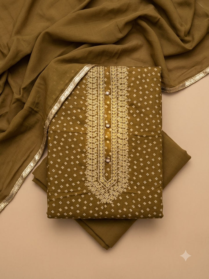 Mehndi Cotton Blend Embroidered Unstitched Dress Material