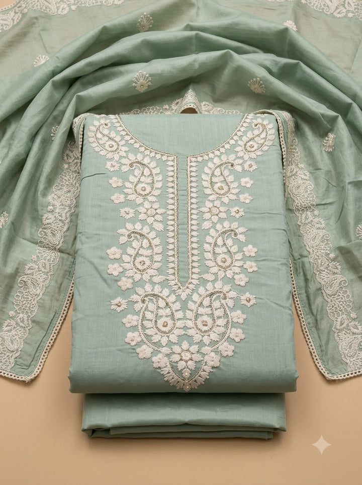 Aqua Chanderi Embroidered Unstitched Dress Material