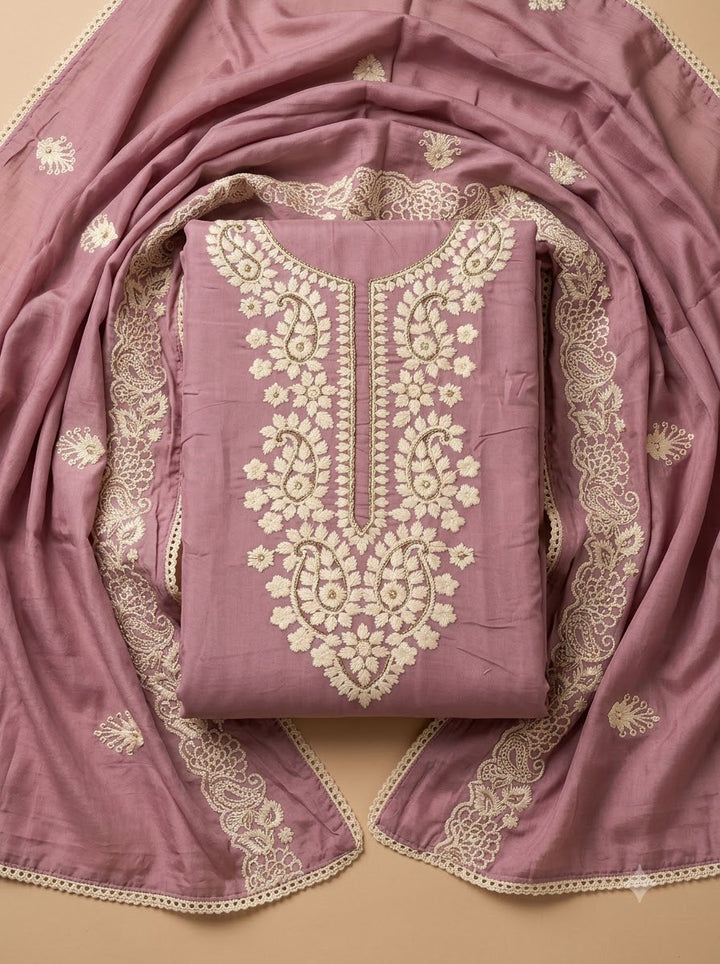 Onion Pink Chanderi Embroidered Unstitched Dress Material
