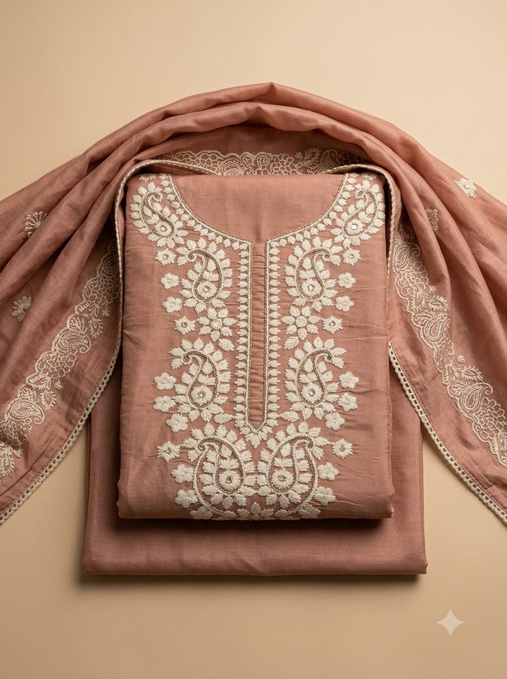 Peach Chanderi Embroidered Unstitched Dress Material
