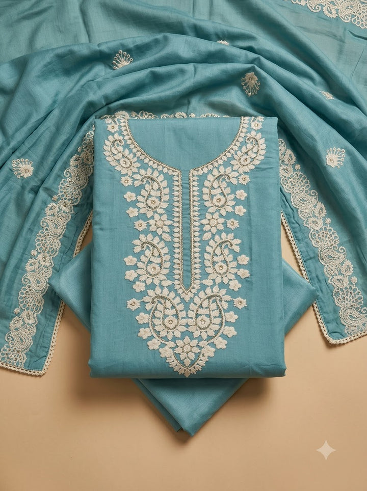 Blue Chanderi Embroidered Unstitched Dress Material