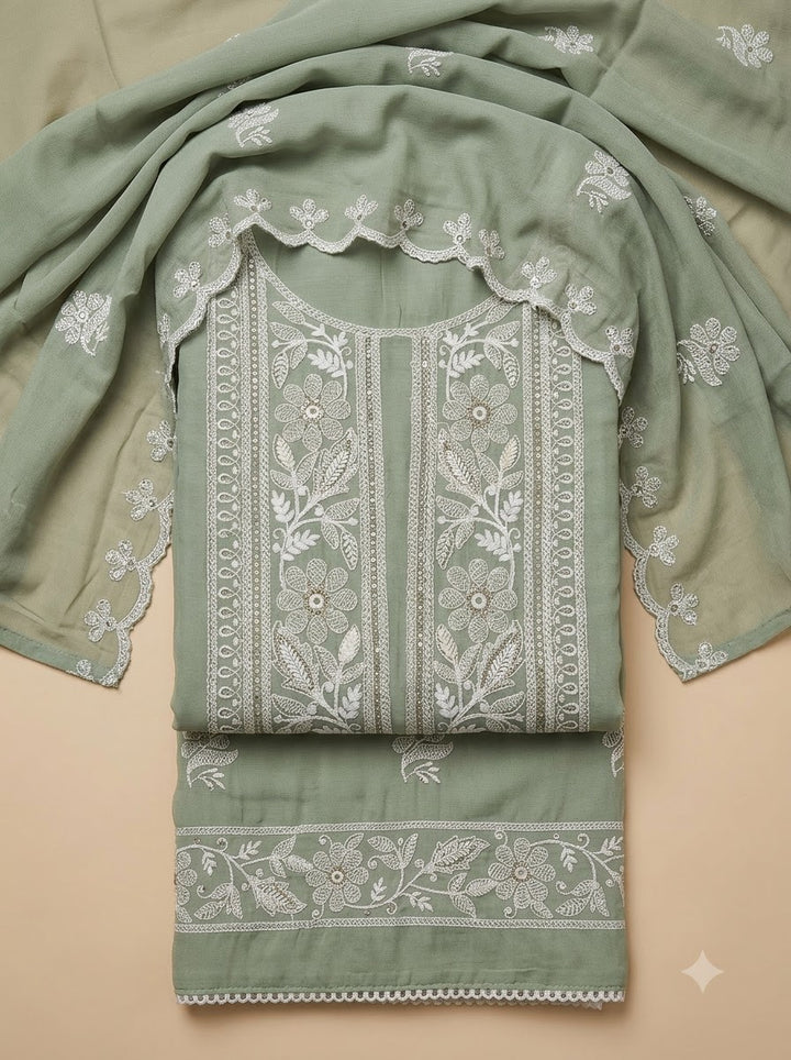 Aqua Chanderi Embroidered Unstitched Dress Material