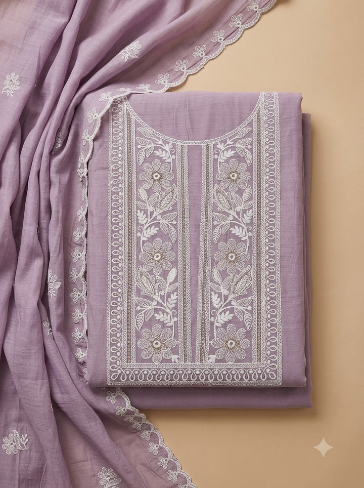 Lavender Chanderi Embroidered Unstitched Dress Material