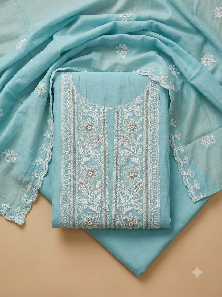 Sky Blue Chanderi Embroidered Unstitched Dress Material