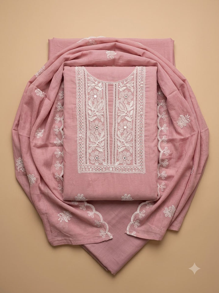 Peach Chanderi Embroidered Unstitched Dress Material