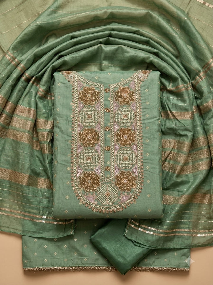 Aqua Green Chanderi Embroidered Unstitched Dress Material
