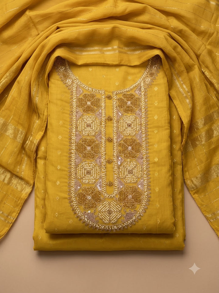 Yellow Chanderi Embroidered Unstitched Dress Material