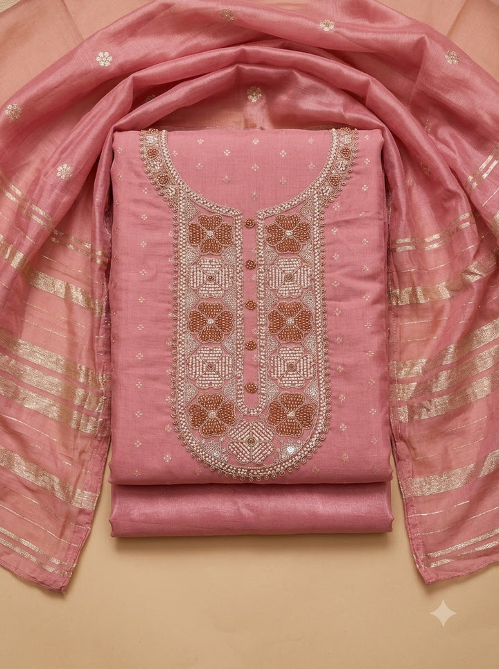 Peach Chanderi Embroidered Unstitched Dress Material