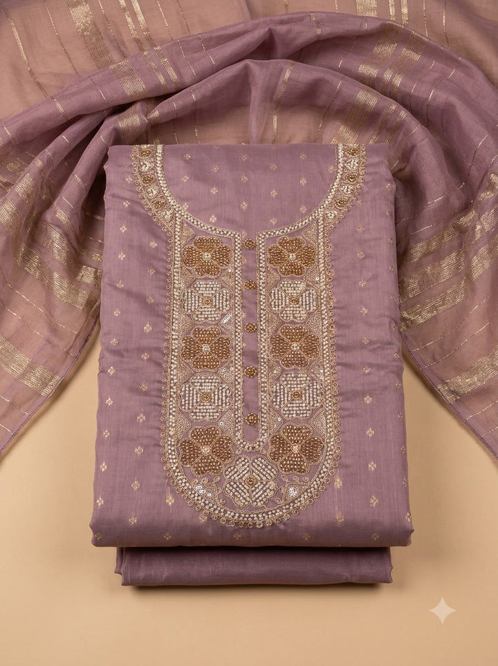 Lavender Chanderi Embroidered Unstitched Dress Material