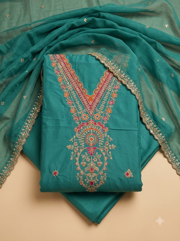 Lake Blue Chanderi Embroidered Unstitched Dress Material