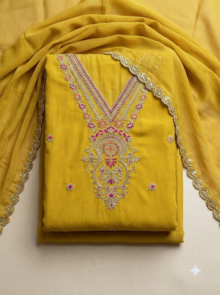 Mustard Chanderi Embroidered Unstitched Dress Material