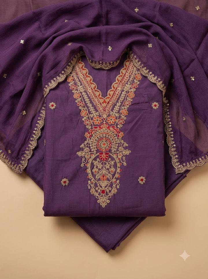 Purple Chanderi Embroidered Unstitched Dress Material