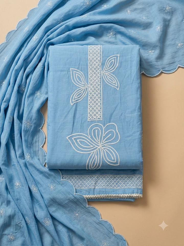 Blue Chanderi Embroidered Unstitched Dress Material