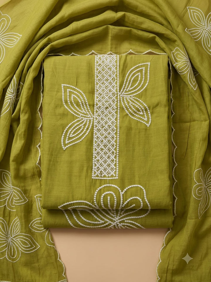 Mehndi Chanderi Embroidered Unstitched Dress Material