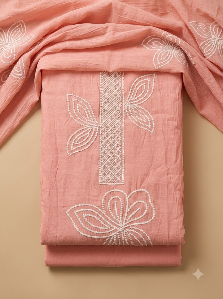 Peach Chanderi Embroidered Unstitched Dress Material
