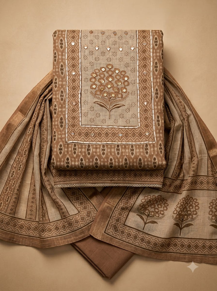 Beige Linen Blend Printed Unstitched Dress Material