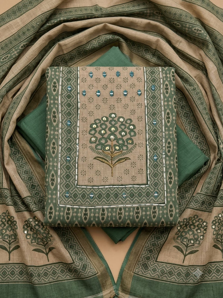 Green Linen Blend Printed Unstitched Dress Material