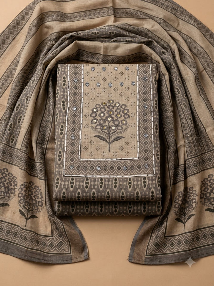 Grey Linen Blend Printed Unstitched Dress Material