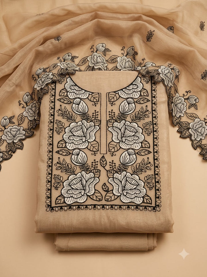 Beige Chanderi Embroidered Unstitched Dress Material