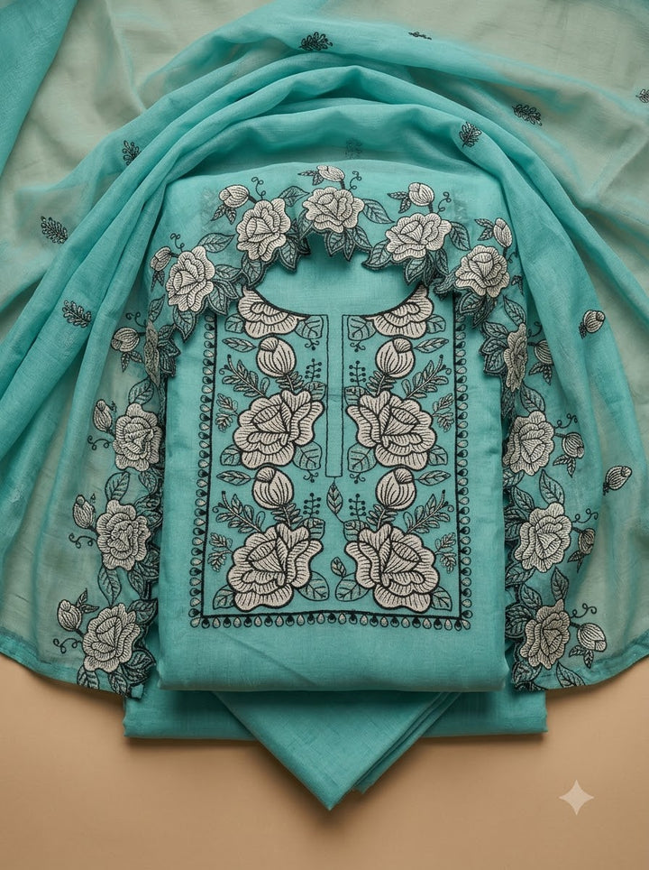 Sky Blue Chanderi Embroidered Unstitched Dress Material