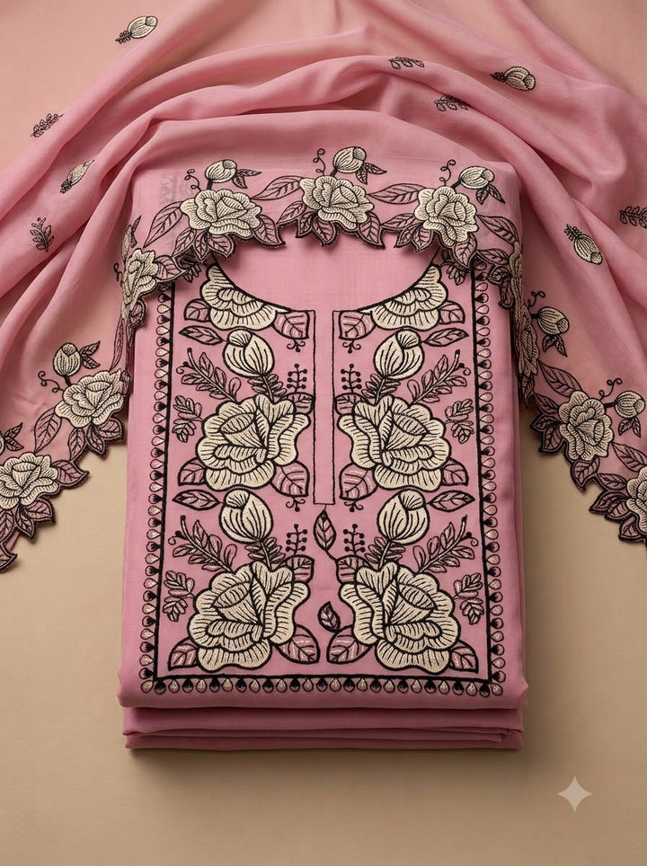 Pink Chanderi Embroidered Unstitched Dress Material