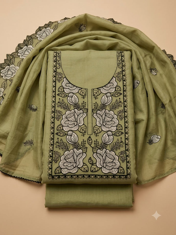 Pista Green Chanderi Embroidered Unstitched Dress Material