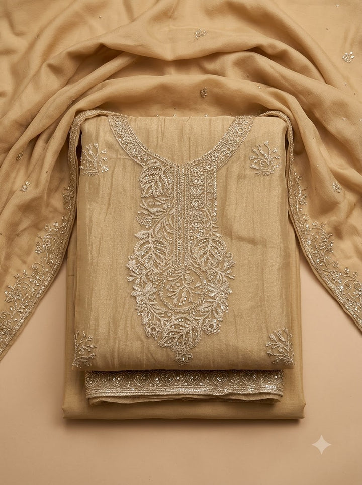 Beige Tissue Embroidered Unstitched Dress Material