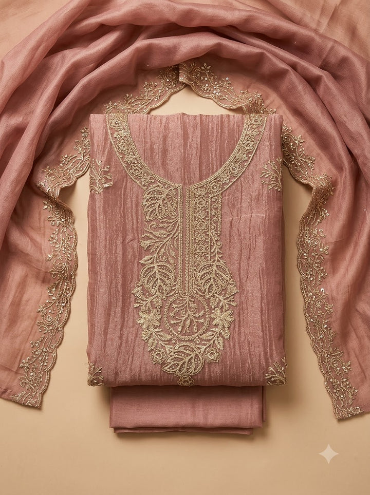 Peach Tissue Embroidered Unstitched Dress Material