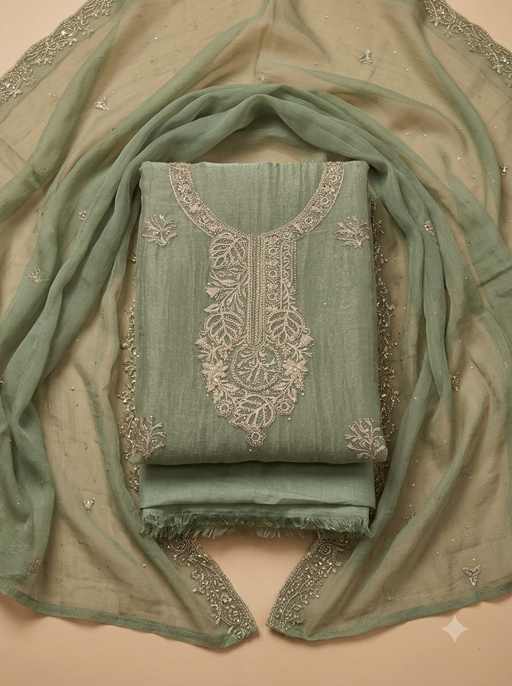 Pista Green Tissue Embroidered Unstitched Dress Material