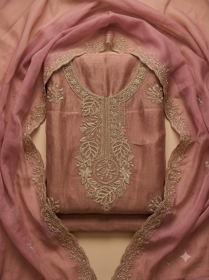Onion Pink Tissue Embroidered Unstitched Dress Material