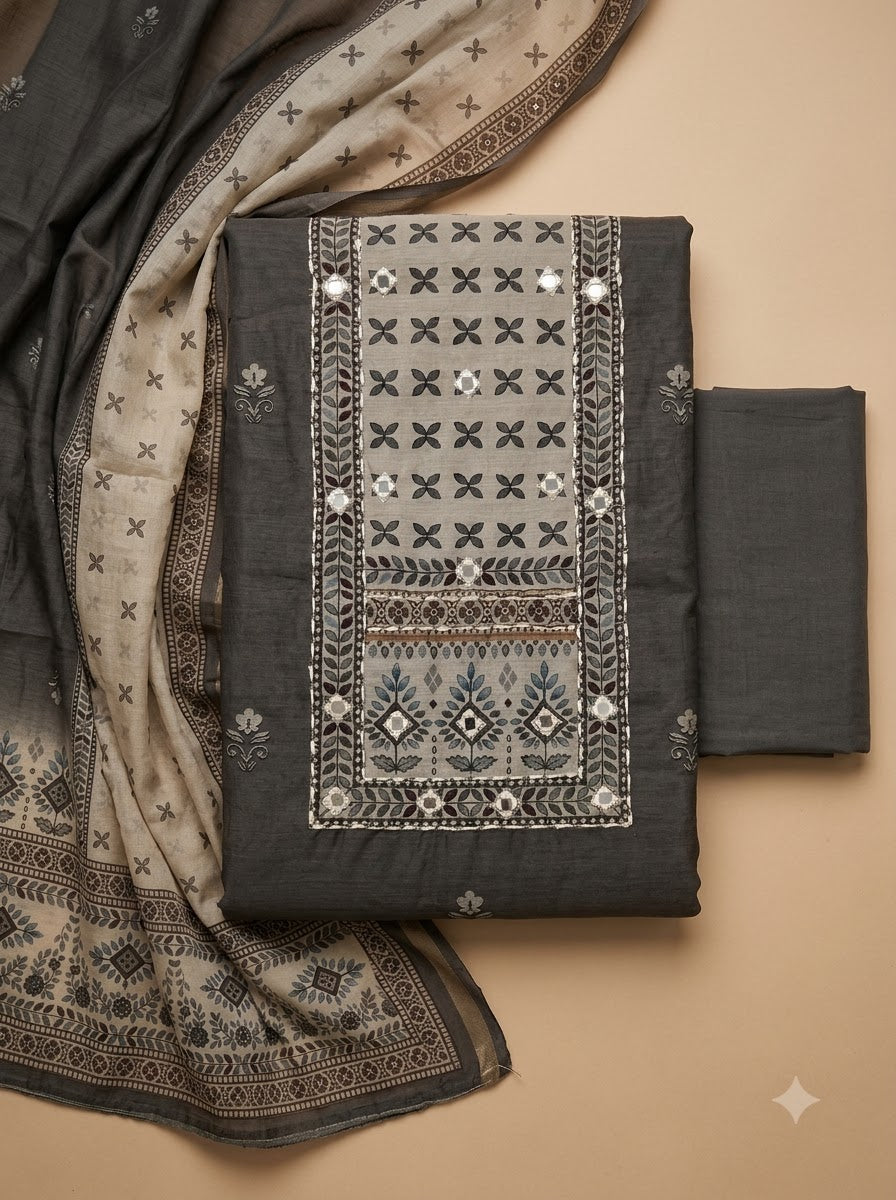 Grey Linen Blend Printed Unstitched Dress Material