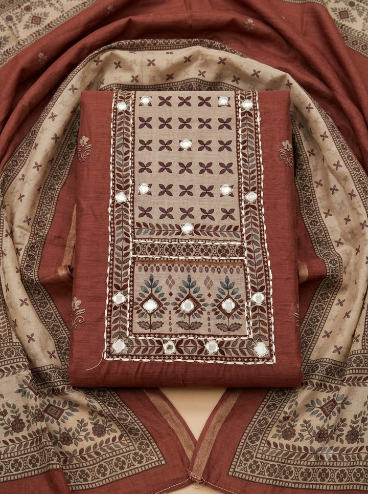 Rust Linen Blend Printed Unstitched Dress Material