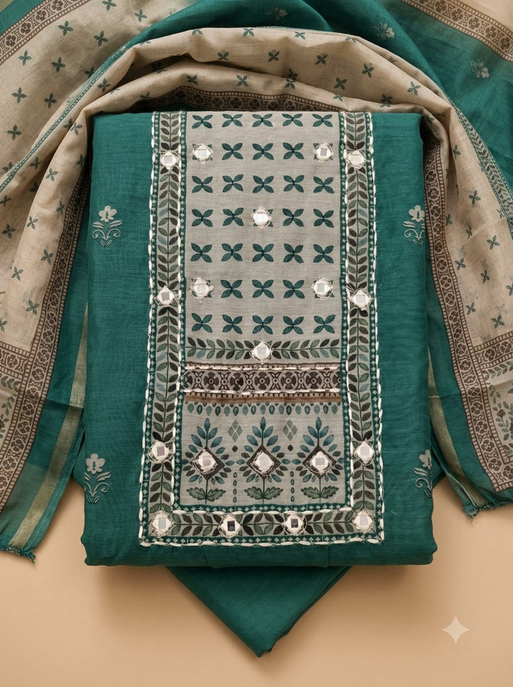 Green Linen Blend Printed Unstitched Dress Material