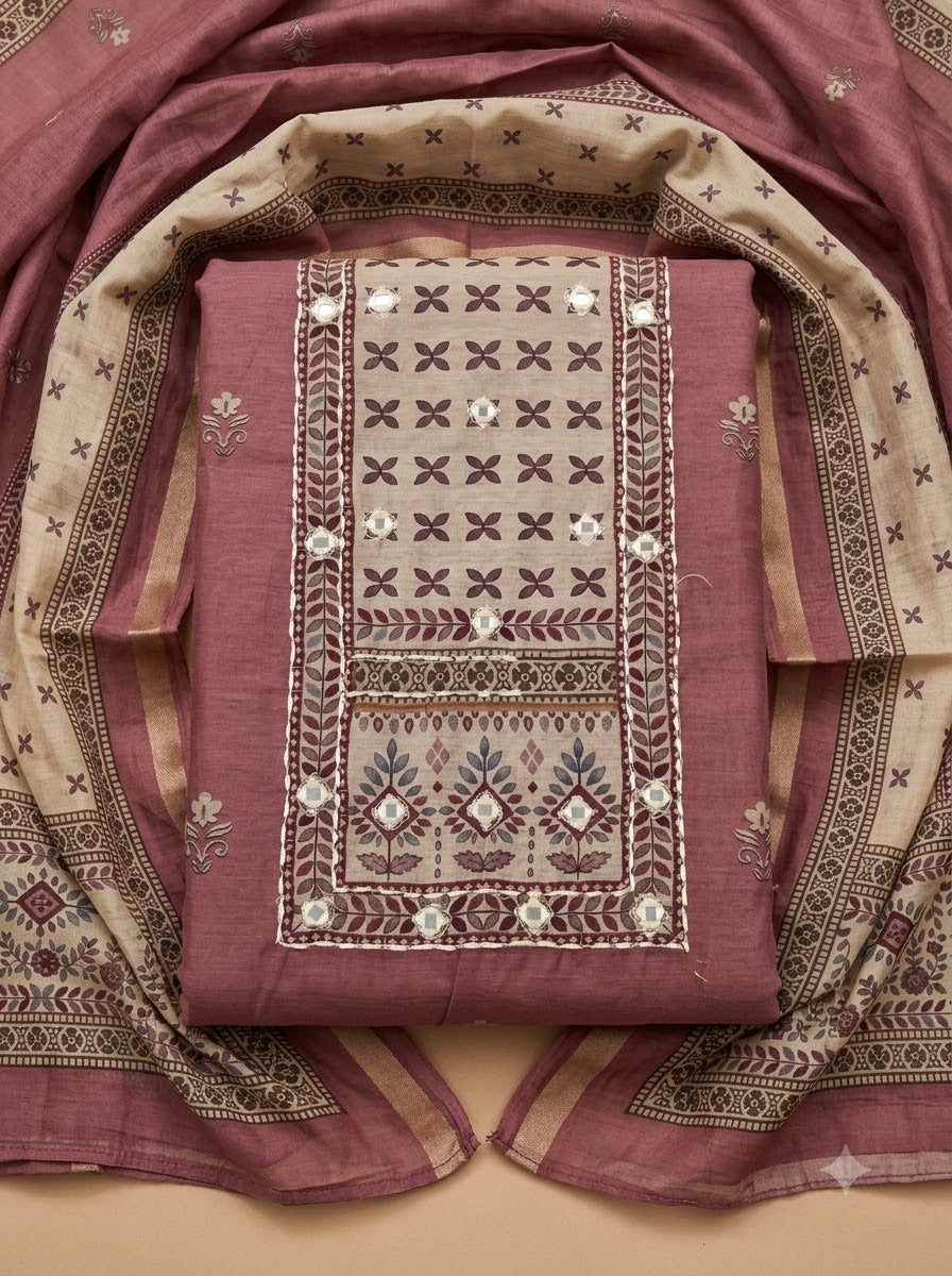 Onion Pink Linen Blend Printed Unstitched Dress Material