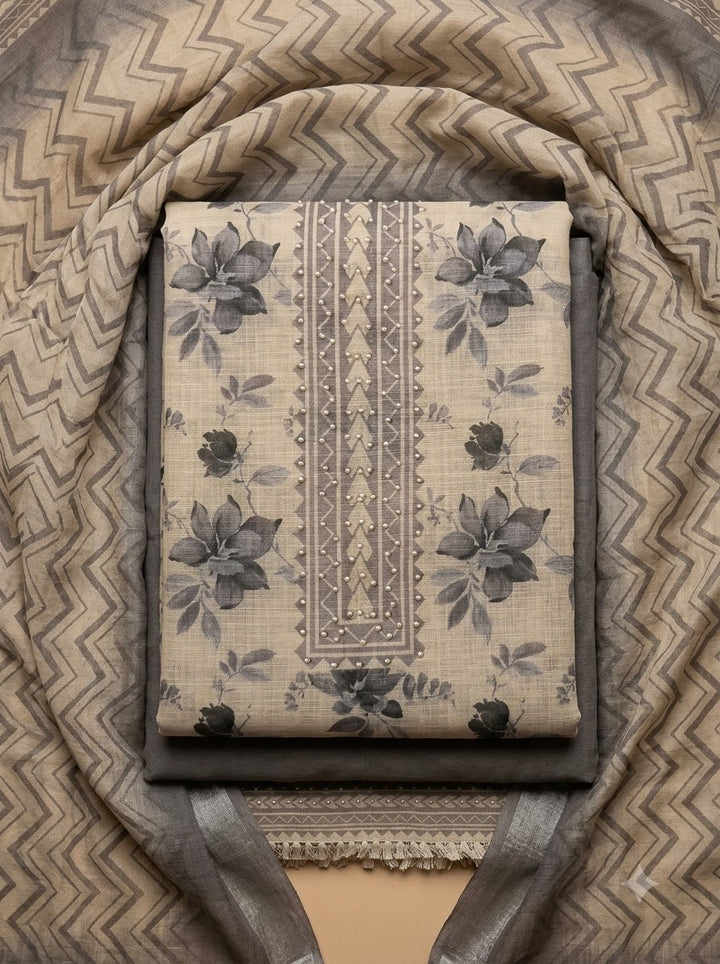 Grey Linen Blend Embroidered Unstitched Dress Material