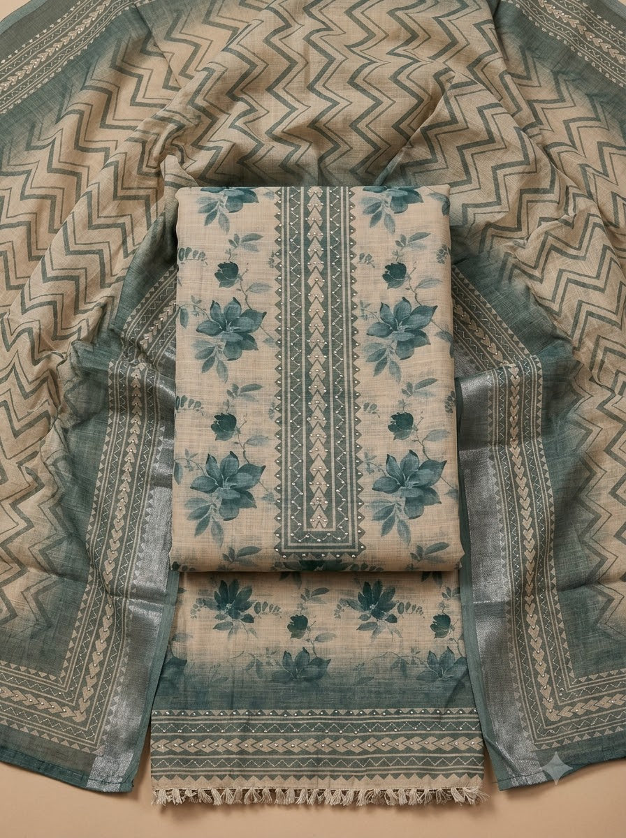 Rama Green Linen Blend Embroidered Unstitched Dress Material