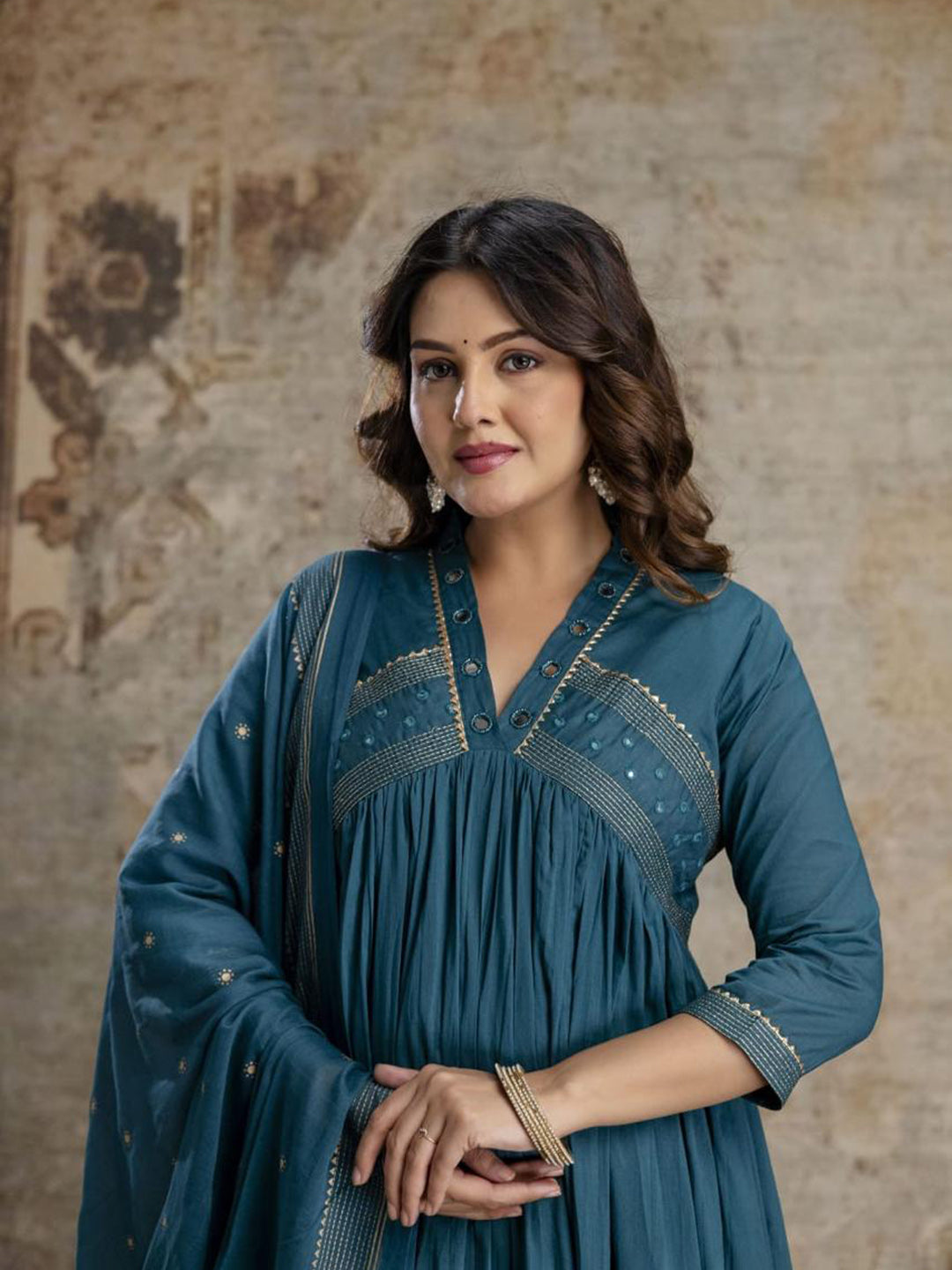 Blue Cotton Blend Embroidered Straight Suit Set