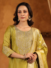 Neck Zari Embroidery Tissue Kurta With Pants & Dupatta