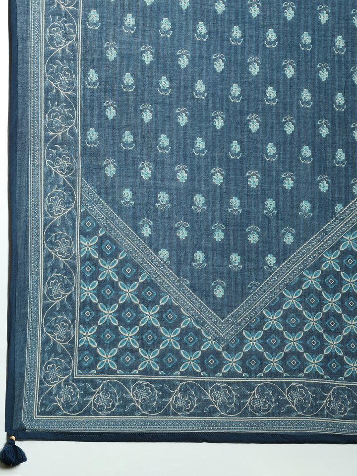 Blue Cotton Blend Printed A Line Suit Set