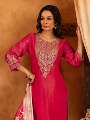 Neck Zari Embroidery Tissue Kurta With Pants & Dupatta