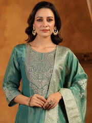 Neck Zari Embroidery Tissue Kurta With Pants & Dupatta