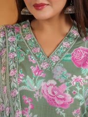 Printed Cotton Blend Kurta With Pants & Dupatta