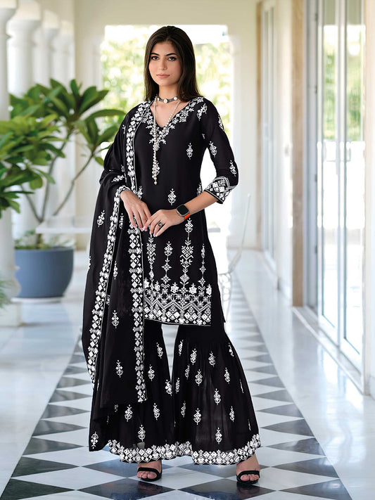 Resham Embroidered Cotton Kurta V Neck Sharara