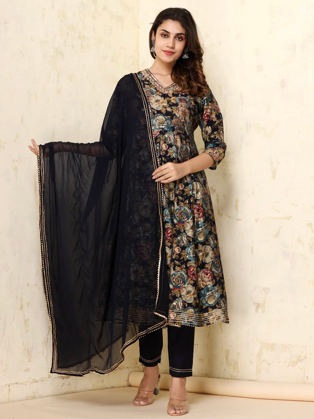 Multicolored Floral Print Anarkali Style Ethnic Suit