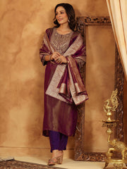 Neck Zari Embroidery Tissue Kurta With Pants & Dupatta