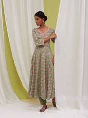 Floral Printed Cotton Anarkali Kurta With Pants