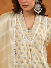 Printed Cotton Blend Kurta With Pants & Dupatta